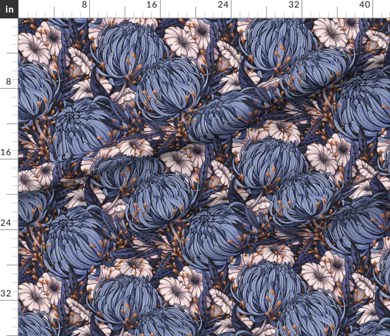 Blue Bold Floral Chrysanthemum Blooms Modern Garden Opulent Botanical Maximalist Moody Custom Printed Fabric by Spoonflower Various Fabrics by the Yard or Fat Quarter